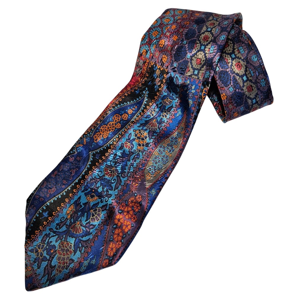 100% Pure Silk Made in Italy Mens Tie Blue Orange Red Paisley Floral Necktie